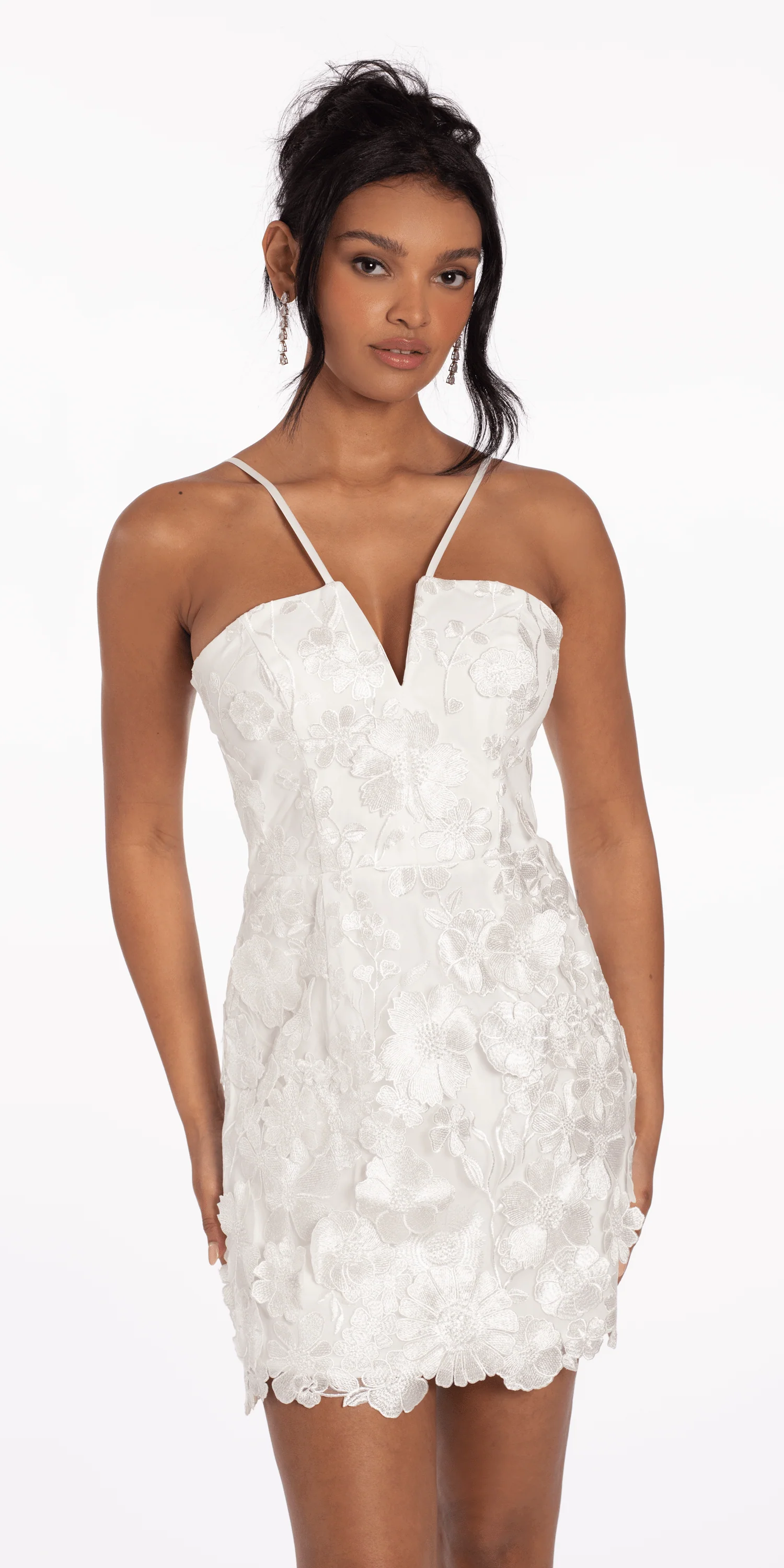 V Notch Halter Mesh 3D Floral Dress with Scalloped Hem - Image 4