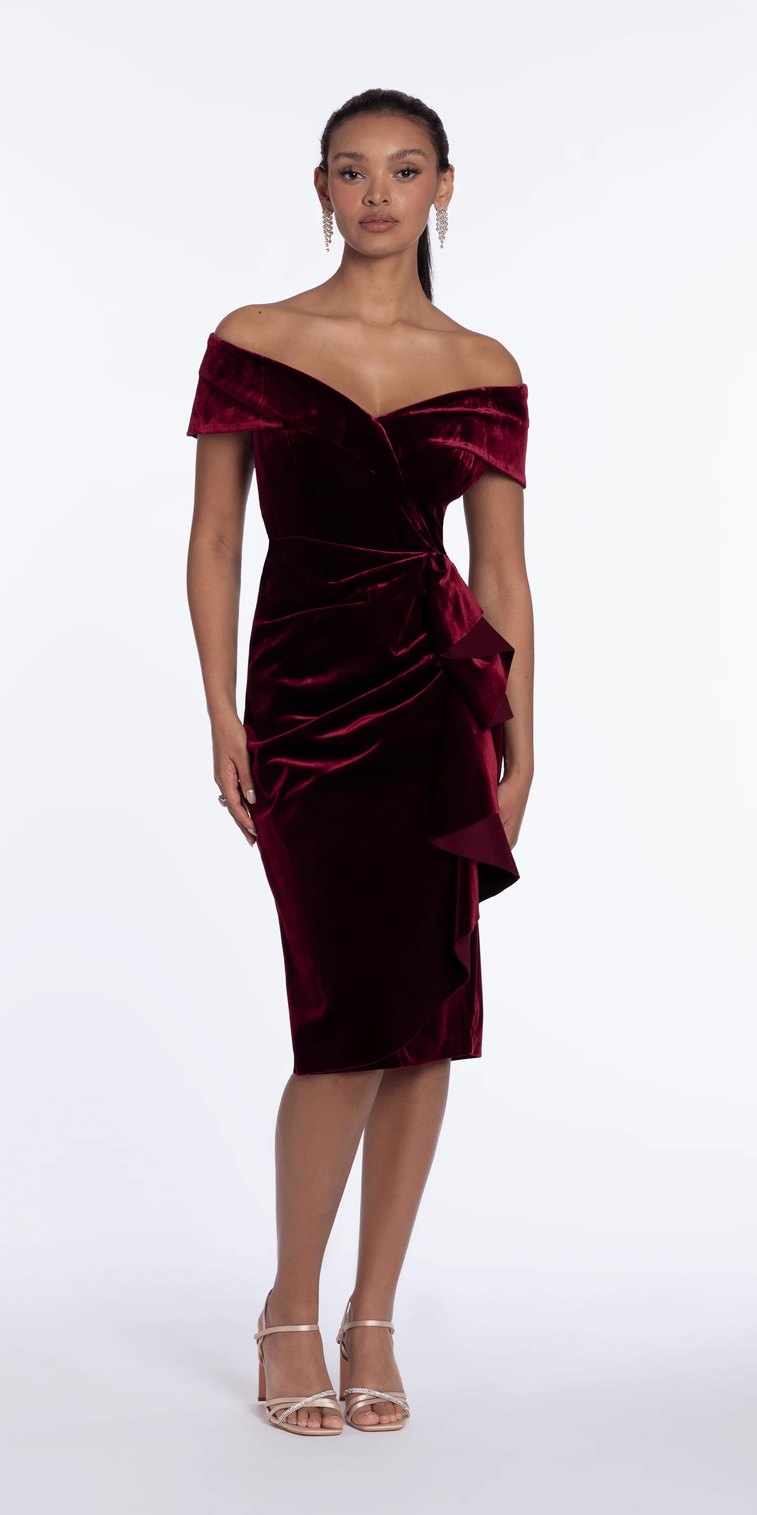 Velvet Off the Shoulder Midi Dress with Side Ruffle